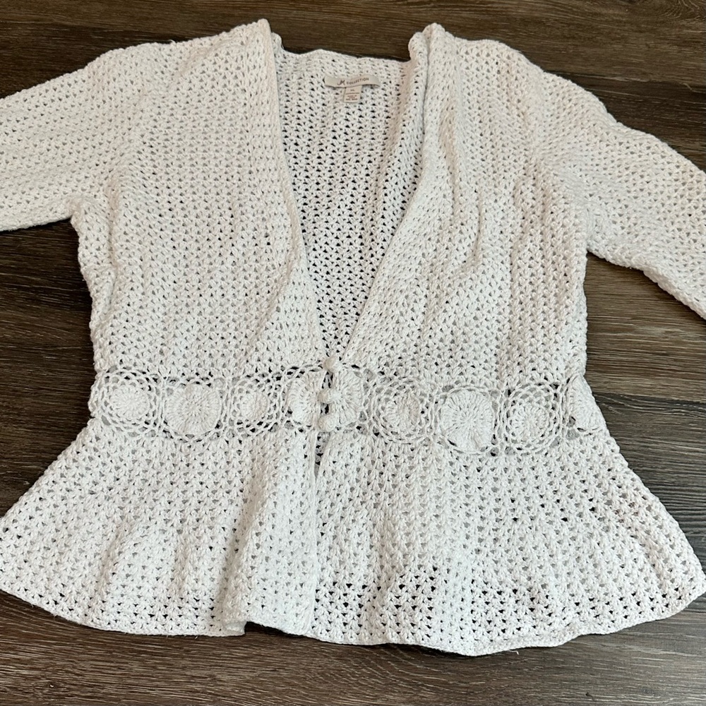 JM Collection White Crochet Lace Cardigan XL Boho Coastal Cottagecore Knit - Picture 7 of 8